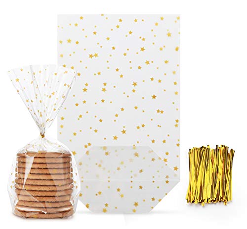 Absofine Sacs de sol en forme d'étoiles dorées avec ruban doré - Emballage à biscuits transparents sacs à biscuits sacs de Noël en film plastique - Lot de 100