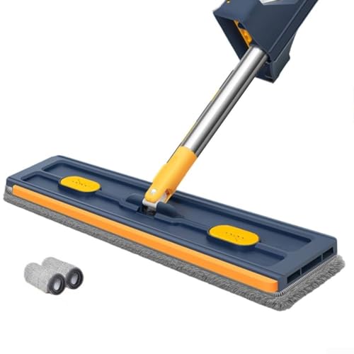 Mocio per la pulizia con testa piatta girevole a 360 gradi e manico regolabile, adatto per piastrelle, pavimenti in legno e superfici delle finestre (blu scuro + 2 panni)
