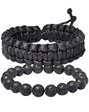 Xfoxstal 2Pcs Adjustable Handmade Survival Paracord Bracelets Set Lava Stone Stretch Beaded Bracelets for Women Men Outdoor Hiking Camping Unisex (Black)
