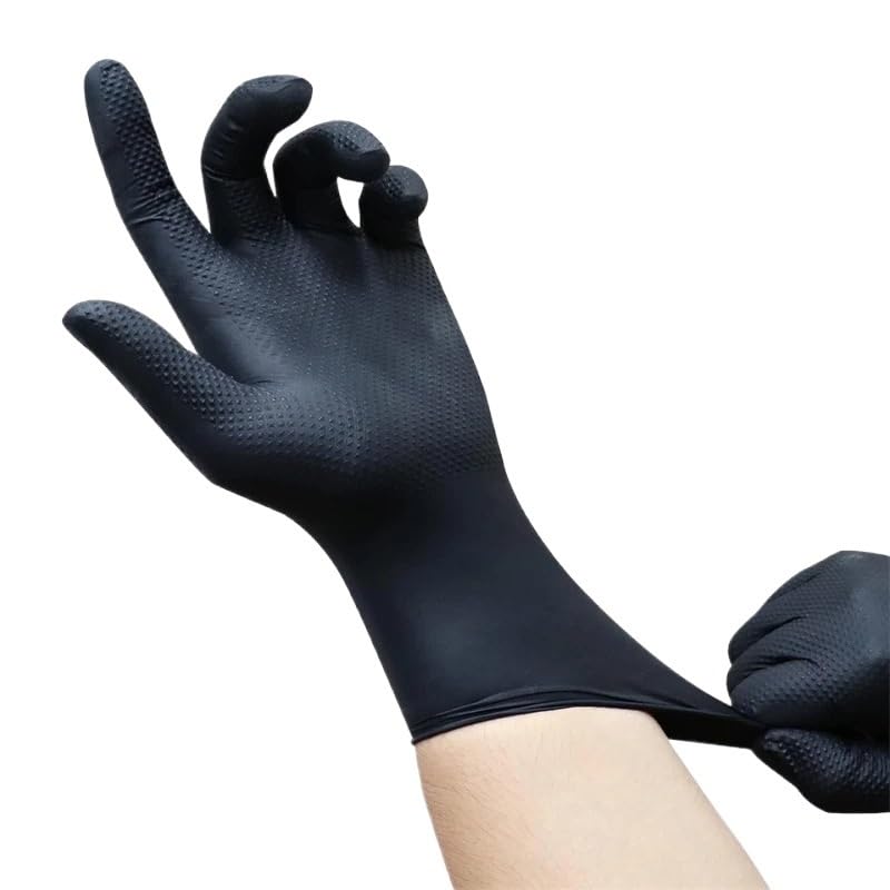 10/50 szt. 8Mil Czarne Rękawiczki Nitrylowe Jednorazowe Wytrzymałe Przemysłowe Z Teksturą Diamentową Lateksowe Bezpudrowe Mechaniczne Tatuaż(Diamond Black 50PCS,L)