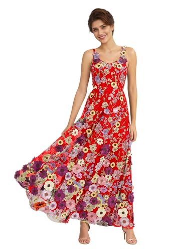 3D Floral Embroidery Prom Dresses for Women Long Spaghetti Straps Flower Applique Tulle Formal Gown Evening Dress