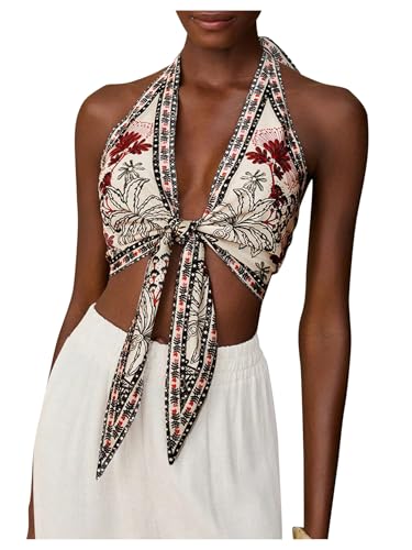 SOLY HUX Women's Floral Print Halter Neck Crop Top – Backless Tie Fitted Tank For Summer