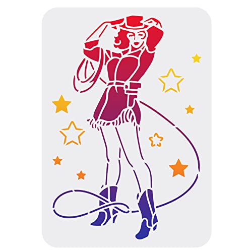 FINGERINSPIRE Cowgirl Stencil for Painting 21x29.7cm Reusable Western Theme Drawing Template PET Plastic Hollow Out DIY Craft Stencils for Painting on Wall Wood Furniture Scrapbook