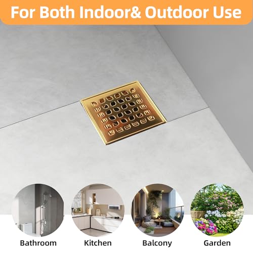 Square Shower Drain, 4-Inch Polished Gold Kit with Bonding Flange, Removable Stainless Steel Grate, Drain Key & Hair Strainer, Fits 2" & 3" Pipes for Tiled Floors by Kauwm - Used condition - Image 8