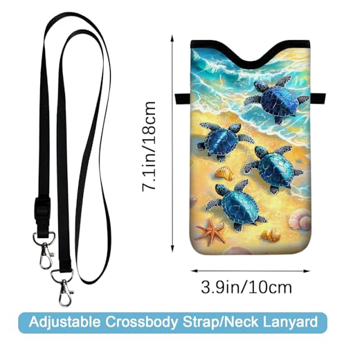 Image of Neoprene Cell Phone Sleeve Pouch Case Bag with Crossbody Strap Neck Lanyard for Women 7.1 X 3.9 in Cute Turtle