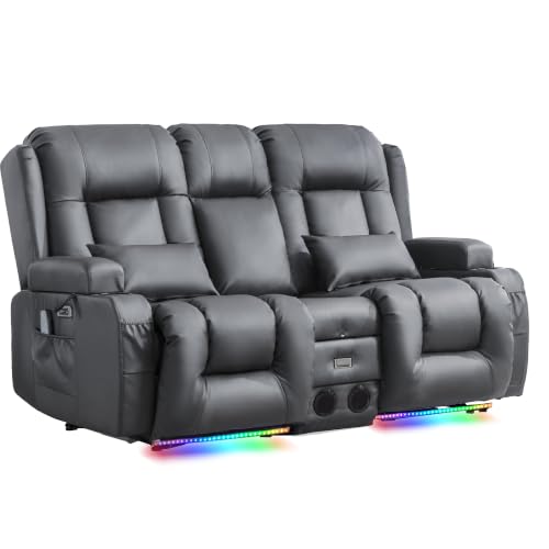 Image of URRED Power Loveseat Recliner Sofa with Massage and Heat,Ash Gray | Wall Hugger Reclining Loveseat with Console, RV Couch Home Theater Seating with LED Lights for Living Room, Faux Leather