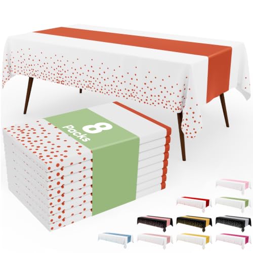 Image of Smiry Plastic Table Cloth Disposable 8 Pack, 54 x 108 Inch Rectangle Waterproof Tablecloth, Printed Gold Table Runner Style for Birthday, Party Decorations, Leakproof & Sturdy, White and Terracotta