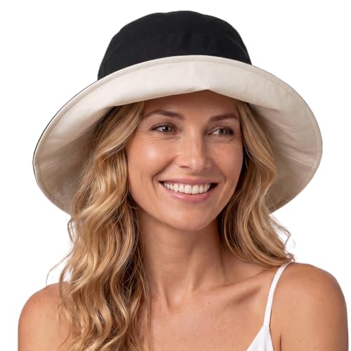 Image of TOP-EX ChicPony™ Ponytail Sun Hat for Women SPF 50+ Wide Brim Cotton Linen Hats Ladies Summer UV Protection Bucket Hats with Fold-Up Brim Adjustable Black Medium