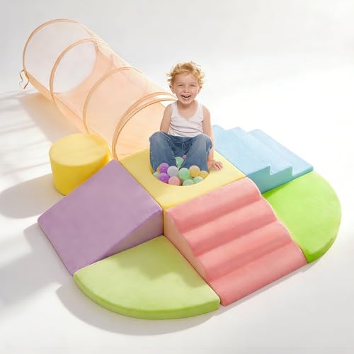 Foam Climbing Blocks Large-Scale Playset with Crawl Through Tunnel & Soft Fabric - 7+1 Piece Indoor Play Gym for Toddlers & Baby - Big Blocks Climber Toy for Crawling, Walking & Active Play (No Balls)
