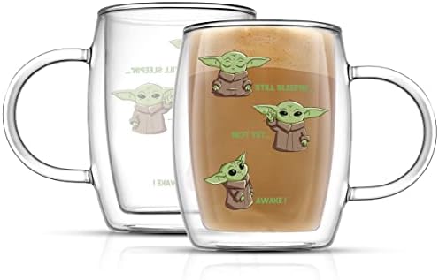 JoyJolt Awake! Grogu Coffee Mug Set of 2 Double Wall Mug. 13.5oz Large Espresso Cups, Cappuccino or Latte Cup. Mandalorian Star Wars Mugs, Insulated Coffee Mug, Clear Glass Cups Coffee Cup Set