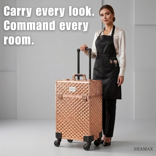 Image of SHAMAX Professional Rolling Makeup Case, Cosmetic Organizer Trolley, MUA & Salon Artist Storage Vanity Locks - Trolley for Hairdressers, Salons, Beauty Lovers - 360 Universal Wheels (3599 Rosegold)