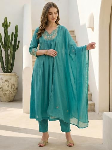 Image of INDO ERA Women's Rayon Viscose Floral Embroidered A-line Kurta Palazzo & Dupatta Set