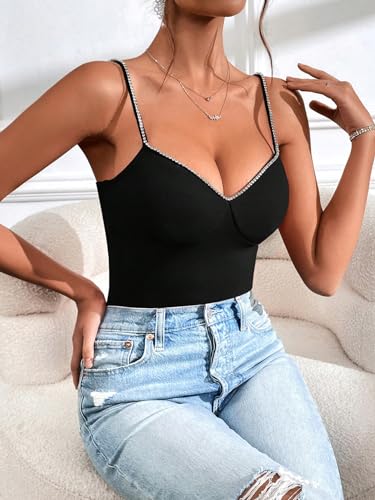 SOLY HUX Women's Rhinestone Cami Top V Neck Spaghetti Strap Slim Fit Camisole Summer Tops4
