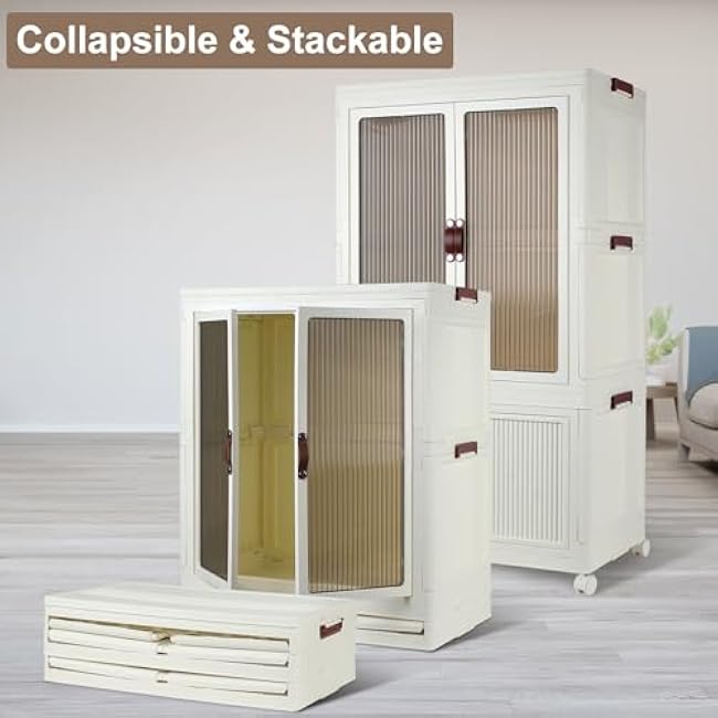 Stackable Closet Storage Bins, Collapsible Clothes Organizers, Portable Wardrobe Closet with Lids and Doors, Movable Clothes Storage with Coat Hangers, White
