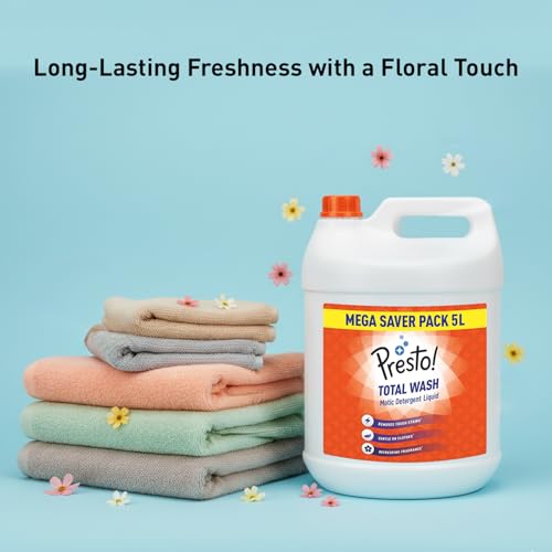 Image of Amazon Brand - Presto! Total Wash Matic Detergent Liquid | 5 Litre | Removes Tough Stains | Gentle On Clothes | Refreshing Fragrance | Liquid Detergent For Washing Machine And Hand Wash