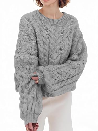 Saodimallsu Pull Femme Oversized Col Rond Pull Tricoté Manches Longues Motif Tressé Grosse Maille Pull Tops Uni Décontracté Hiver Hauts, gris, XL