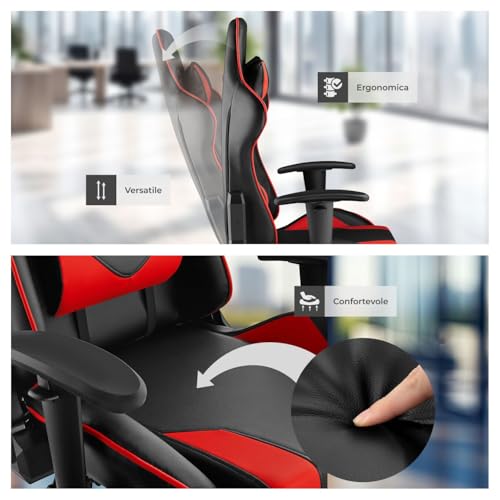 ® Sedia da Gaming per Gamer, Poltrona da Ufficio Ergonomica, Sedia Gaming con Braccioli Imbottiti, Doppie Rotelle Resistenti, Struttura Robusta, Regolabile, Portata fino a 120 kg - Nero/Rosso - Sedia gaming - Immagine 7