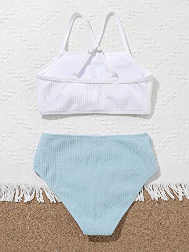 Wdirara Girl's 2 Piece Cow Print Criss Cross High Waisted Bikini Swimsuit Swimwear Blue And White 160 #TOP1