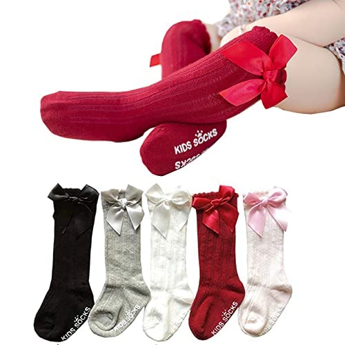 queenland 5 Pairs Baby Knee High Socks Cotton Newborn Socks Kids Toddler Socks Tube Ruffled Uniform Long Stockings (0-12, Bowknot)