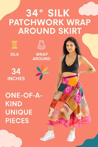 RAJBHOOMI HANDICRAFTS Silk Vintage Patchwork Wraparound Long Skirt - Women's Long Maxi Skirt Boho Skirts Summer Skirts for Women Boho Colorful Maxi Multicolor4
