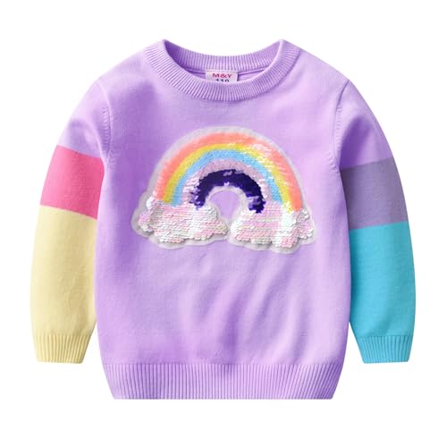 Image of Girl Pink Crewneck Sweaters Rainbow Sweater Knit Tops for 2-8 Years