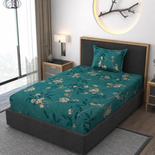 Image of Premium Heavy Cotton Elastic Fitted Bedsheets with 1 King Size Pillow Covers | Single Bed with All Around Elastic 350 TC | 36 x 78 x 6 Inch Single Size Fitted | - Green Flower