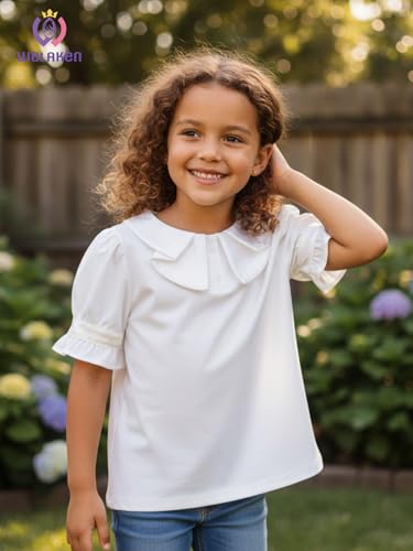 Image of Girls Button Down Blouse with Peter Pan Collar - Classic Short-Sleeve Kids Shirt Top