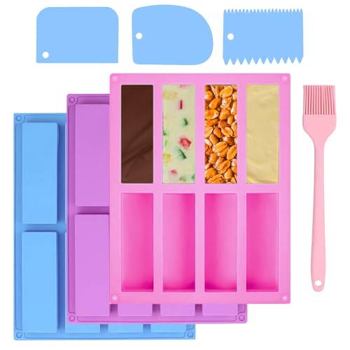 QMLING 3PCS Silicone Rectangle Granola Bar Molds, 8 Cavity Large Chocolate Bar Moulds, Energy Bar Maker with Scraper Brush, Silicone Moulds for Baking Bread Butter Brownie Soap (Purple Pink Blue)
