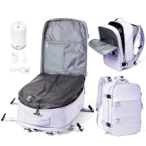 WEPOET Sac a Dos Sous Vide Voyage Avec Pompe Sac Airbag Travel Sac a Dos Voyage Cabine Avion 40x30x20 Easyjet Imperméable Vacuum Backpack Homme Femme Port USB Avec...