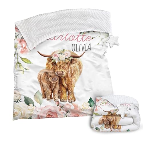 Dyoart Custom Baby Quilt Blanket - Personalized Name with Cow Design - Safe & Breathable Double Layer Dotted Backing Comforter for Toddlers (40x60inch)