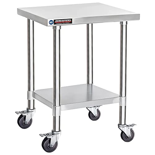 DuraSteel 30x18 NSF Stainless Steel Cart Work Table - Heavy Duty Rolling Food Prep Table - Metal Utility Cart on Wheels Caster, Grill Stand Microwave Outdoor Kitchen Tables Countertop Island Large Top