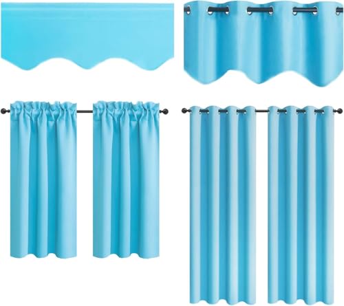 Aquazolax Fall Curtain Valances for Kitchen - Blackout Rod Pocket Window Treatment Tier for Living Room/Bedroom, 52" Wide x 18" Length, 2 Panels, Turquoise