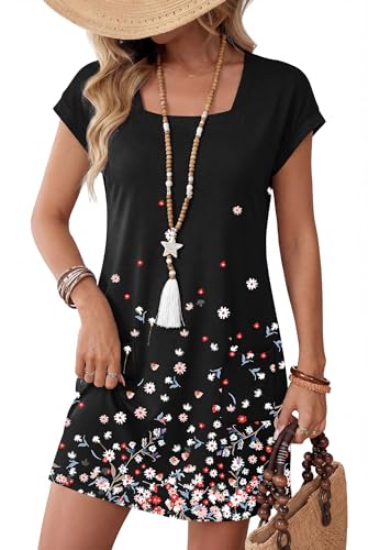 OFEEFAN Summer Dresses for Women Casual Cap Sleeve Loose Square Neck T-Shirts Dress Beach Sundresses with Pockets 2026 Beach Vacation Essentials Spring Fashion F-Dark Teal Floral L