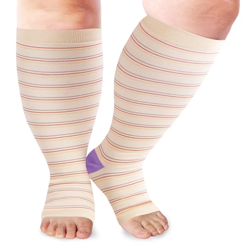 Image of LOUSGUTA Open Toe Plus Size Compression Socks for Women & Men 15-20 mmhg Toeless Wide Calf Compression Support Knee High Socks