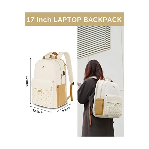 Matein School Backpack For Girls Fashion Anti Theft Tsa 17 Inch Laptop Backpack With Usb Charging Port Stylish Cute College Backpack Computer Bookbag Purse Gifts For Women Teens Work Travel Beige