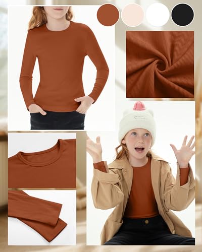 Image of 4 Pack Girls Long Sleeve Shirts Ribbed Knit Cotton Crewneck Tops Slim Fit Soft Casual Kids Base Layer Undershirts
