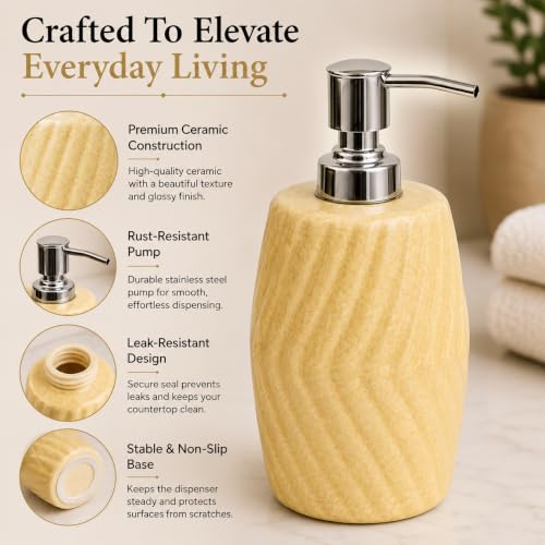 Image of Quace Ceramic Soap Dispenser for Bathroom & Kitchen Sink | Beige Liquid Soap Dispenser with Rust-Resistant Pump | Refillable Hand Wash Dispenser for Wash Basin, Vanity Counter & Home Decor