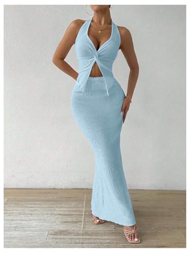 Image of SOLY HUX Women's Two Piece Outfits Twist Front Halter Cami Tops and Skirt Summer Set