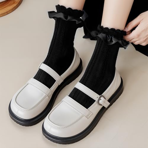 Image of Ruffle Socks for Woman, 4 Pairs Cute Crew Casual Cotton Frilly Socks Classic Solid Color Breathable Knit Trim Dress Sock, White & Black