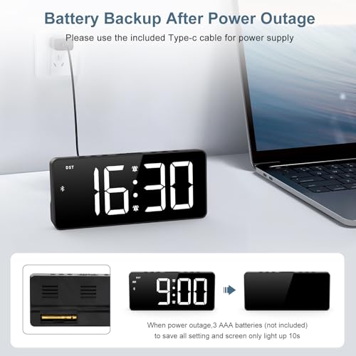 Digital Alarm Clock, Bluetooth Sync Time Bedside Alarm Clock with 5 Adjustable Brightness, 3 Adjustable Volume, Snooze, DST, 12/24H, Type-C/Battery Powered, Dual Alarm for Bedroom, Office - Image 5