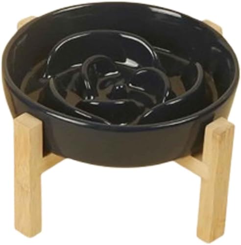 YAKINO 早食い防止ボウル スタンド付き 滑り止め 犬 食器 嘔吐防止 犬 ご飯台 首負担軽減 犬 餌入れ 陶器製 フードボウル 犬 大容量 陶器製早食い防止皿 ローズ 早食い防止 犬 えさ入れ 高さ傾斜 犬食器の台 小型犬 中型犬 大型犬 (ブラック