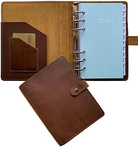 23-24 Weekly Leather Planner - A6 Genuine Leather Binder Planner for Men and Women, Inner Pockets and Pen Holder, Personal Size