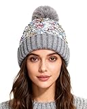 BOLLEY JOSS Womens Winter Beanies Glitter Sequins Colorful Knit Faux Fur Pompoms Beanie Hats Shiny Bling Skull Ski Cap