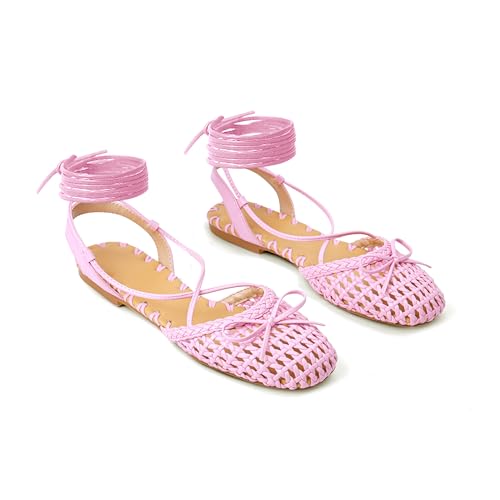 Image of Woven Ballet Flats for Women Lace Up Closed Square Toe Summer Sandals Dressy Shoes