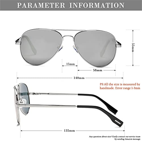 Hjstes Polarized Aviator Sunglasses For Women Men Classic Metal Shades Mirror Lens 100% Uv Blocking, 58Mm(Silver Frame/Silver Mirrored) #TOP6