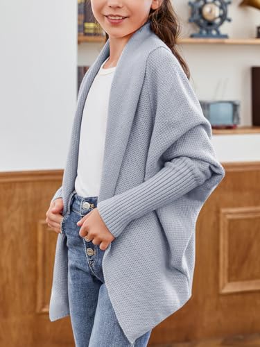 Image of Girls Open Front Cardigan Sweaters Batwing Long Sleeve Shawl Collar Ribbed Knit Winter Coats