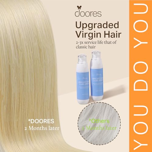 Image of DOORES Real Human Hair Extensions, Bleach Blonde 130g 9pcs 14 Inch Seamless Clip-ins, Remy Invisi Edge Thick Straight Hair
