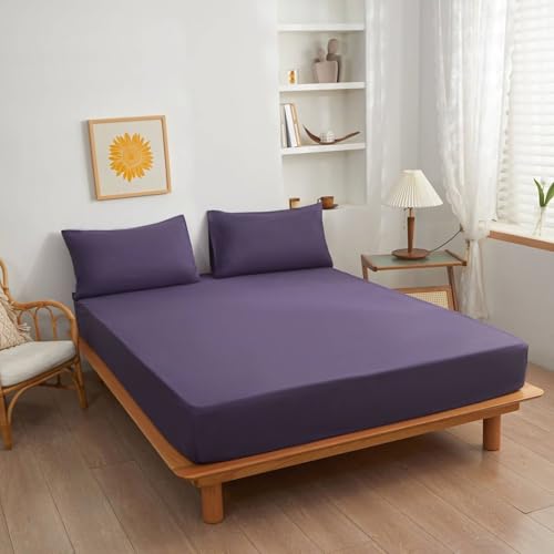 Calefee Bettlaken 180x200 Spannbettlaken Hoher Steg 30cm, Betttuch ohne Kissenbezug Polyester Einfarbiges Lila