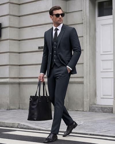 Image of Cooper & Nelson Men's Suit Slim Fit, 3 Piece Suits for Men, One Button Solid Jacket Vest Pants with Tie, Tuxedo Set