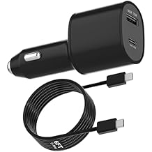 Super Fast Dual Car Charger 45W+15W Dual Ports USB-C & USB-A White 6.6ft Cable for Samsung S25 S24 S23 S22- Black